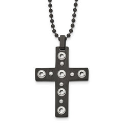 Stainless Steel Brushed and Polished Black IP-plated Cross 22in Necklace