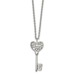 Chisel Stainless Steel Polished Clear Crystal Mom Heart Key Pendant on a 20 inch Cable Chain Necklace