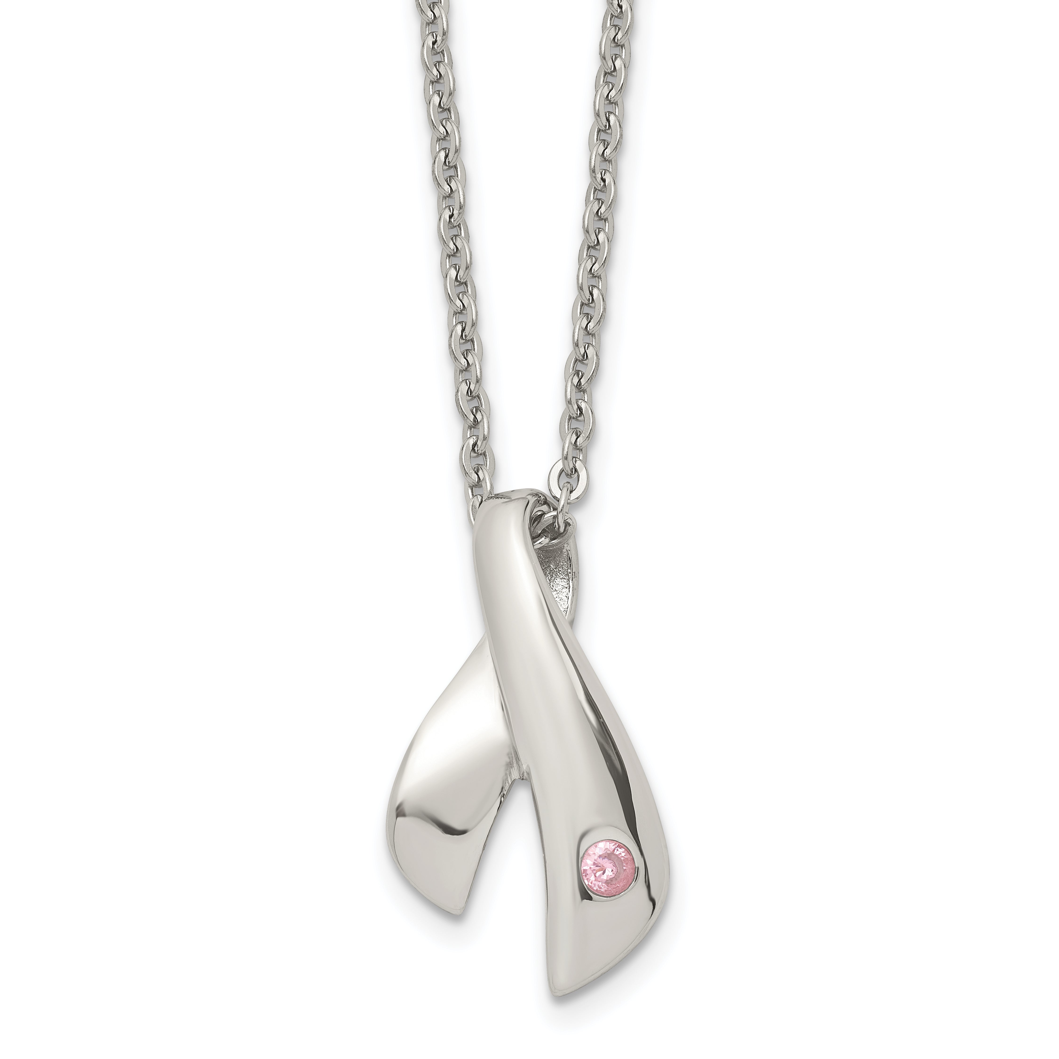 Stainless Steel Polished w/Pink Awareness CZ 20in Necklace