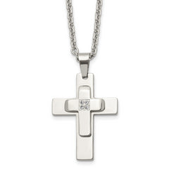 Chisel Stainless Steel Polished with CZ Cross Pendant on a 22 inch Cable Chain Necklace