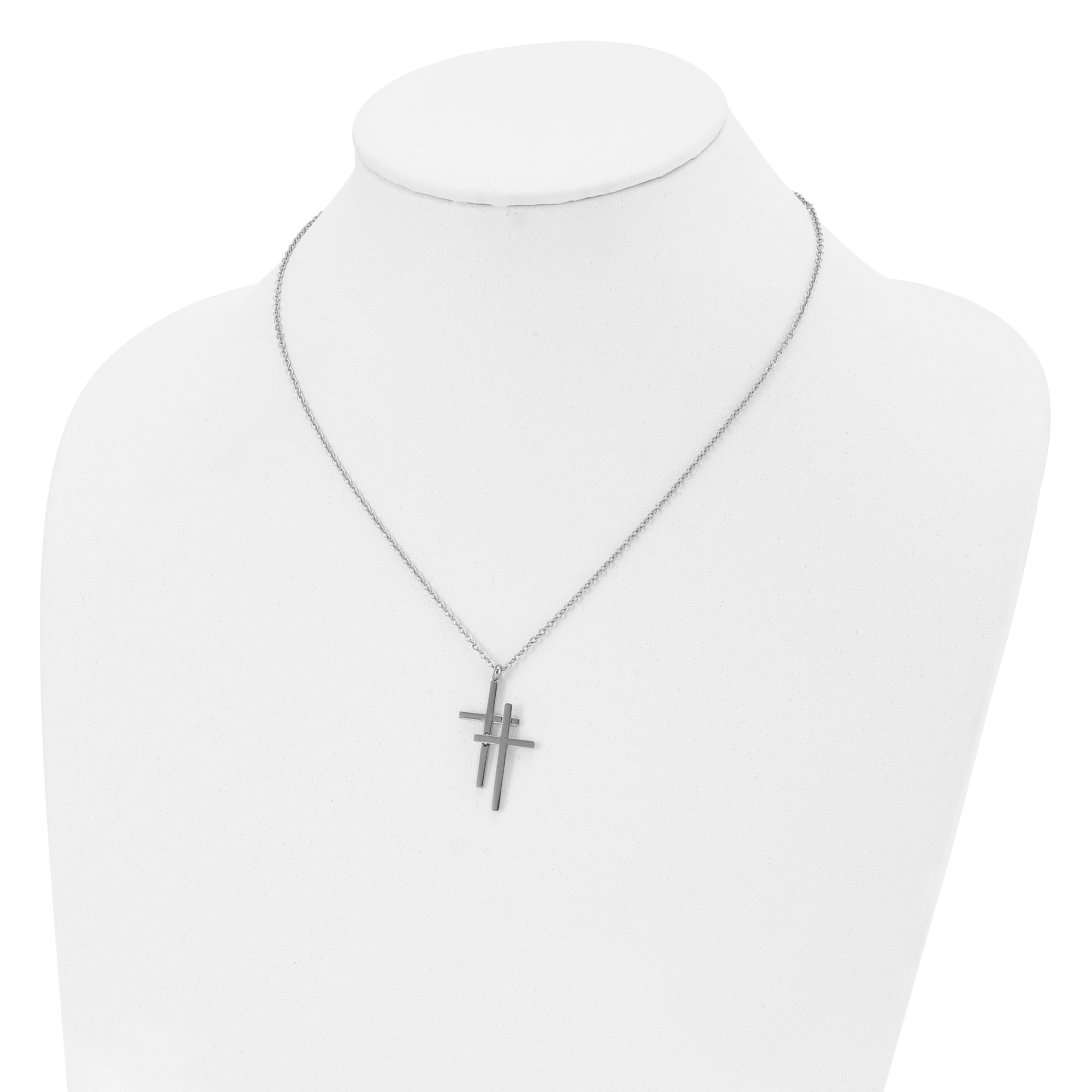 Stainless Steel Polished Double Cross 18in Necklace