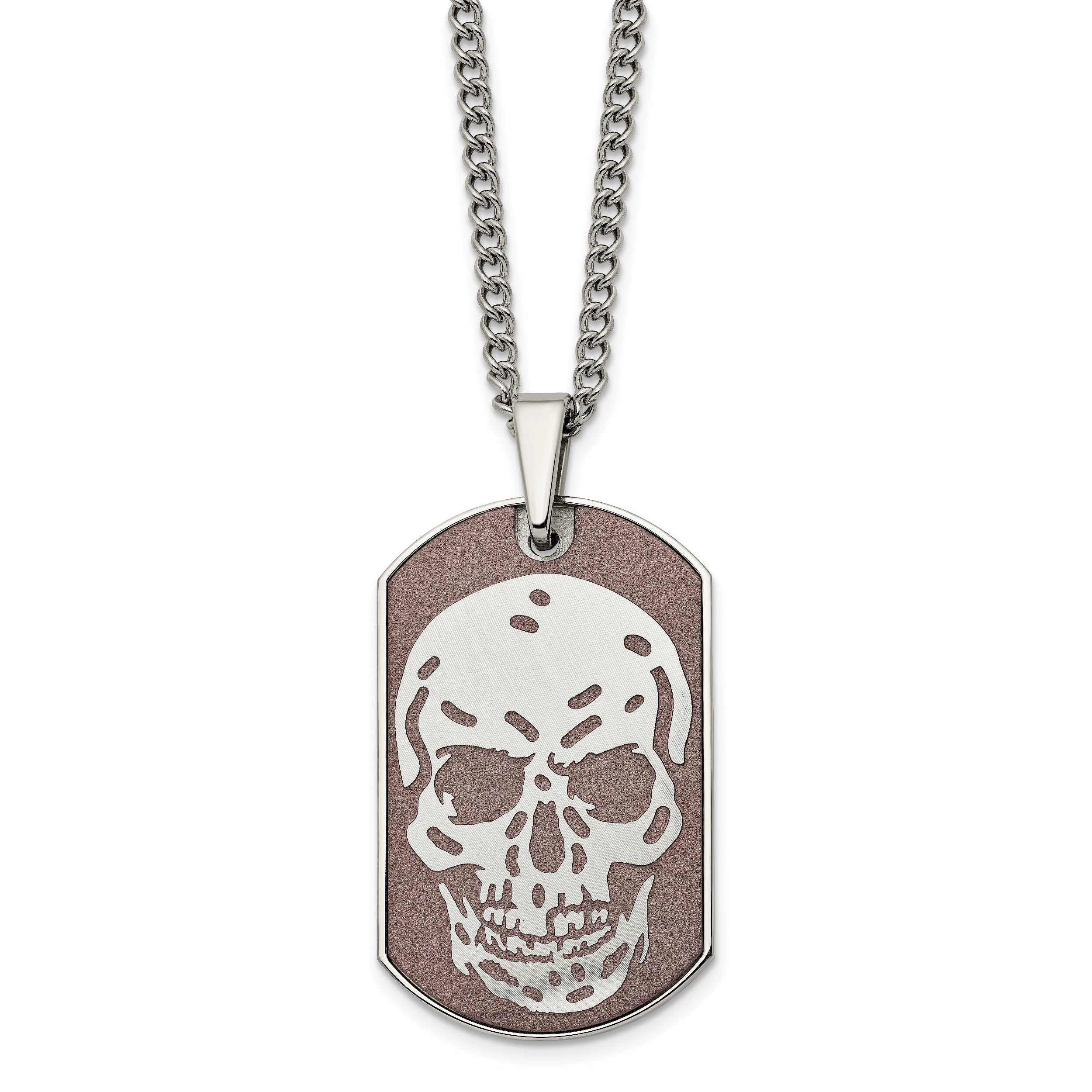 Stainless Steel Polished Brown IP-plated Skull Dog Tag 24 inch Necklace