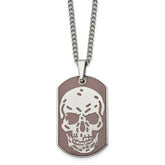 Stainless Steel Polished Brown IP-plated Skull Dog Tag 24 inch Necklace