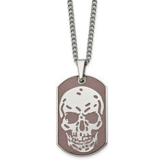 Stainless Steel Polished Brown IP-plated Skull Dog Tag 24 inch Necklace
