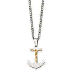 Chisel Stainless Steel Polished with 14k Gold Crucifix Anchor Pendant on a 24 inch Curb Chain Necklace
