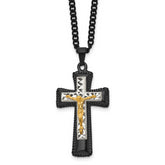 Chisel Stainless Steel Polished Black IP-plated, Gold-plated and Silver-Plated Brass Crucifix on a 24 inch Curb Chain Necklace