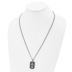 Chisel Stainless Steel Polished with Sterling Silver and Carbon Fiber Inlay Yellow IP-plated Cross on a 24 inch Curb Chain Necklace