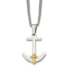 Chisel Stainless Steel Polished with 14k Gold and .02 Carat Diamond Anchor Mariner Cross Pendant on a 24 inch Curb Chain Necklace