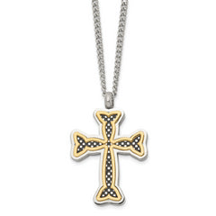 Stainless Steel Polished Black and Yellow IP-plated Cross 24in Necklace