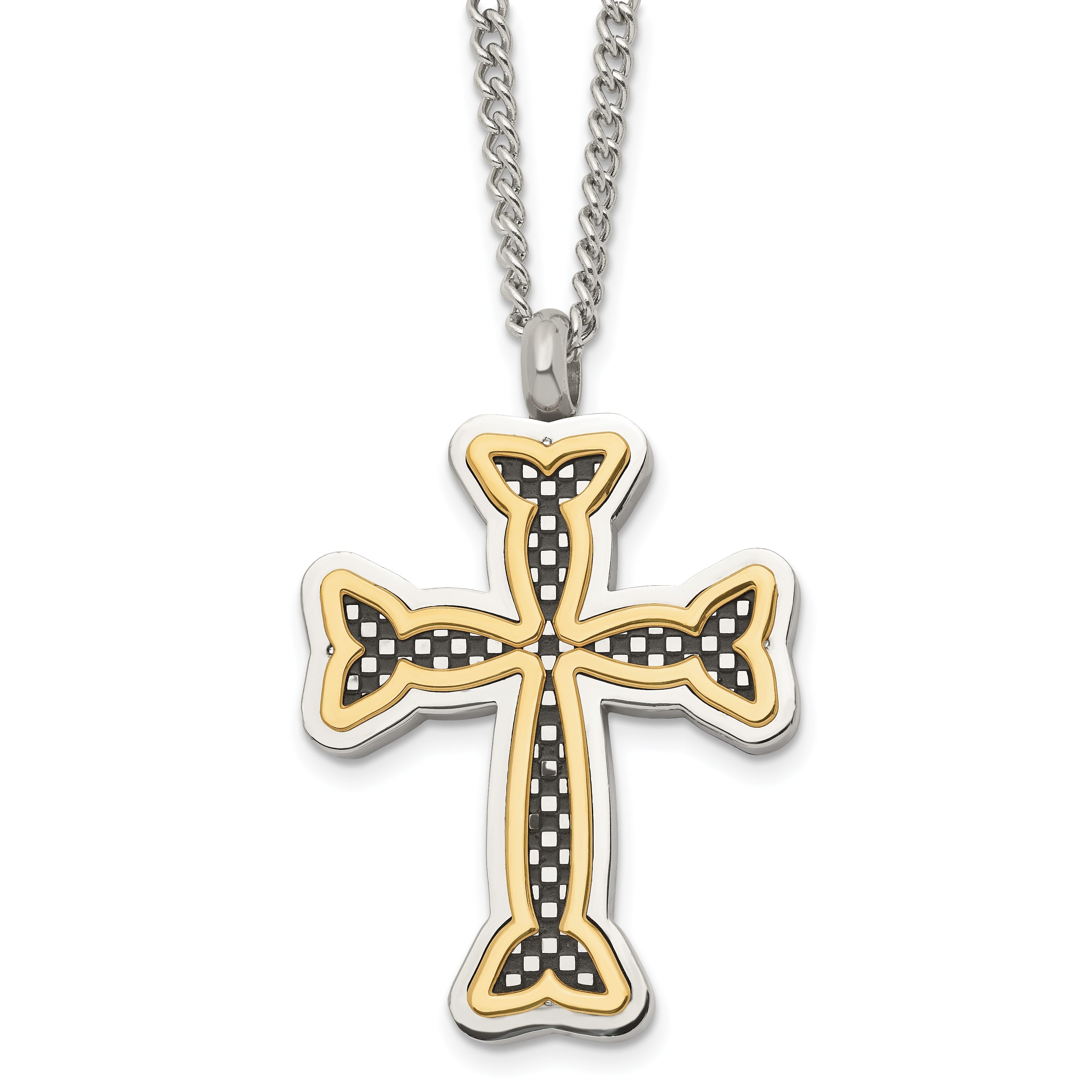 Stainless Steel Polished Black and Yellow IP-plated Cross 24in Necklace