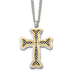 Stainless Steel Polished Black and Yellow IP-plated Cross 24in Necklace