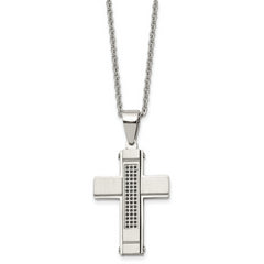 Stainless Steel Brushed and Polished w/Black CZ Cross 24in Necklace
