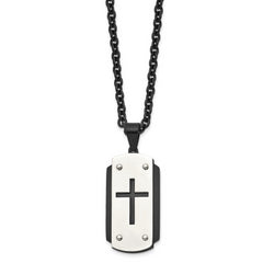 Stainless Steel Brushed and Polished Black IP-plated Cross 24in Necklace