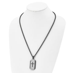 Stainless Steel Brushed and Polished Black IP-plated Cross 24in Necklace