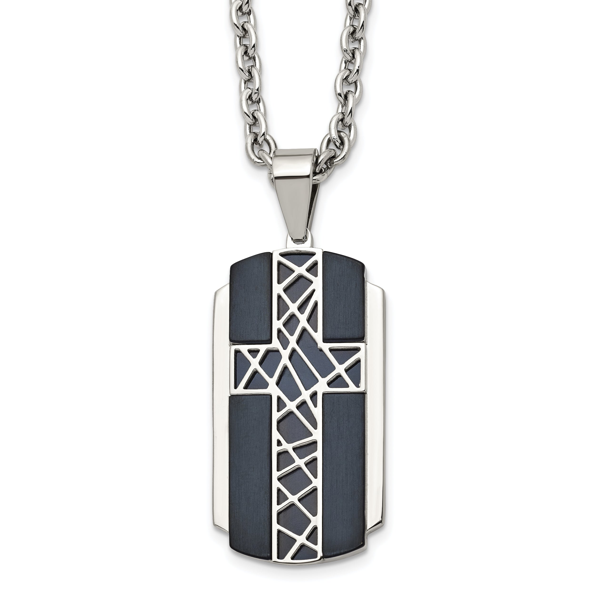 Stainless Steel Brushed and Polished Black IP-plated Cross 24in Necklace