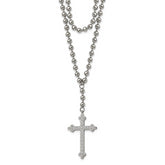 Stainless Steel Polished Cross w/Crystal Two Strand Beaded 16in Necklace