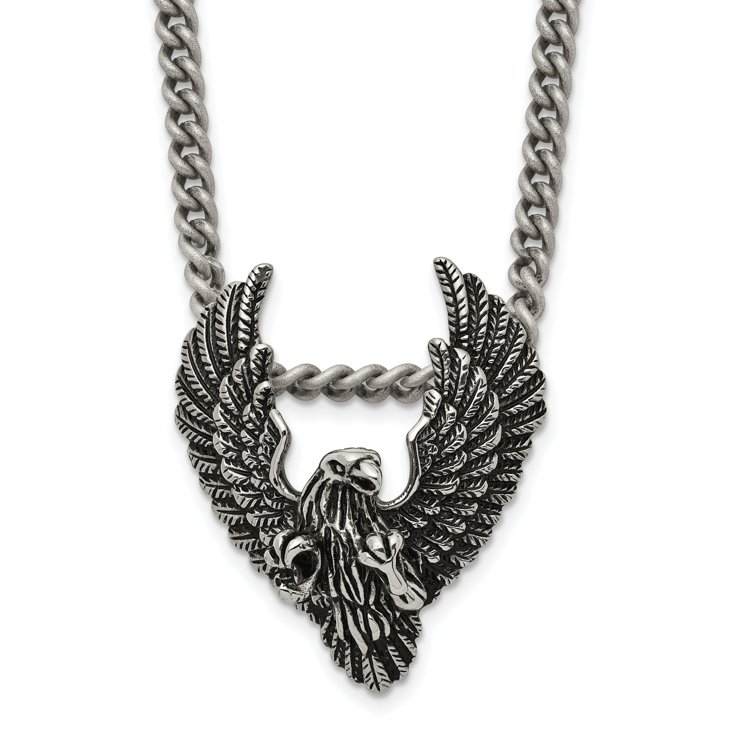 Chisel Stainless Steel Antiqued and Polished Eagle Pendant on a 24 inch Curb Chain Necklace