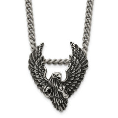 Chisel Stainless Steel Antiqued and Polished Eagle Pendant on a 24 inch Curb Chain Necklace