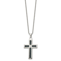 Chisel Stainless Steel Brushedand Polished Black and Blue Carbon Fiber Inlay with CZ Cross Pendant on a 22 inch Ball Chain Necklace