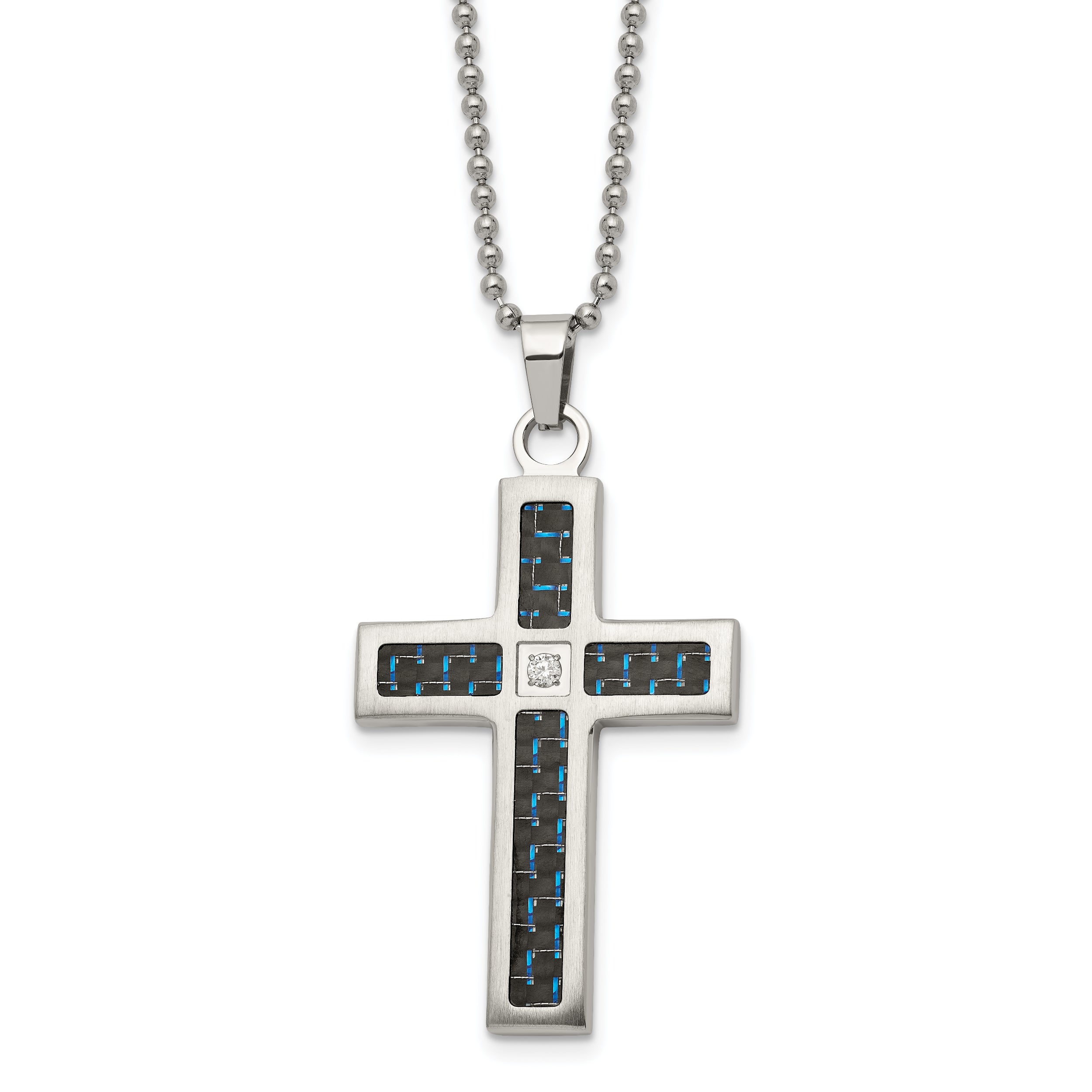 Chisel Stainless Steel Brushedand Polished Black and Blue Carbon Fiber Inlay with CZ Cross Pendant on a 22 inch Ball Chain Necklace