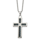 Chisel Stainless Steel Brushedand Polished Black and Blue Carbon Fiber Inlay with CZ Cross Pendant on a 22 inch Ball Chain Necklace