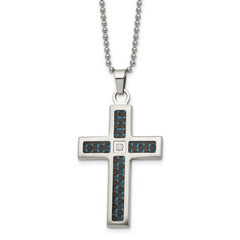 Chisel Stainless Steel Brushedand Polished Black and Blue Carbon Fiber Inlay with CZ Cross Pendant on a 22 inch Ball Chain Necklace