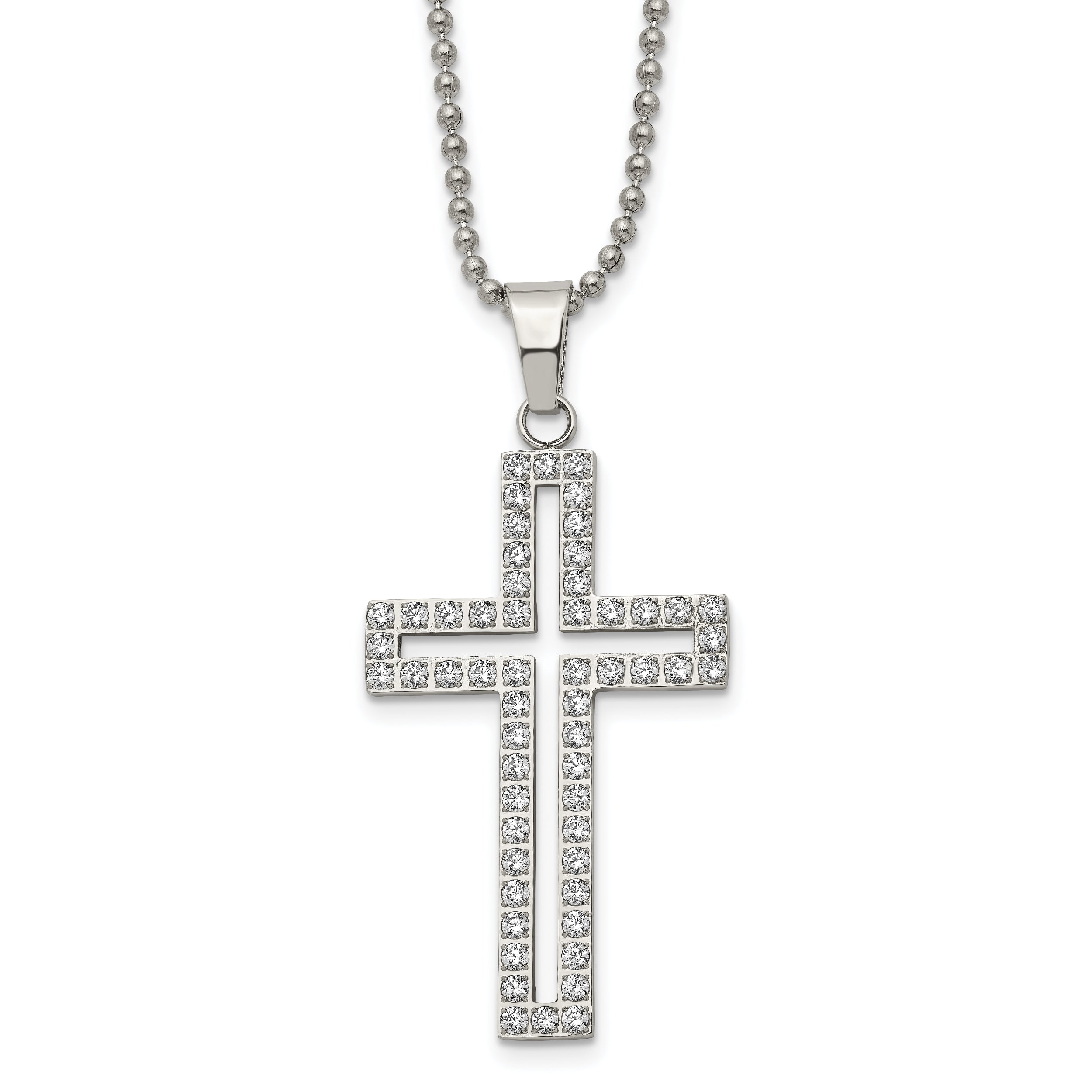 Chisel Stainless Steel Polished with CZ CutoutCross Pendant on a 22 inch Ball Chain Necklace