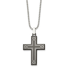 Chisel Stainless Steel Polished Laser Etched Black IP-plated Cross Pendant on a 24 inch Ball Chain Necklace