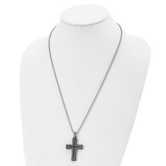 Chisel Stainless Steel Polished Laser Etched Black IP-plated Cross Pendant on a 24 inch Ball Chain Necklace