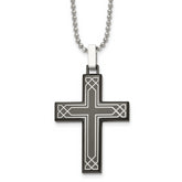 Chisel Stainless Steel Polished Laser Etched Black IP-plated Cross Pendant on a 24 inch Ball Chain Necklace