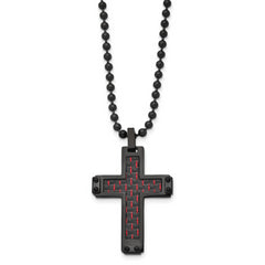 Chisel Stainless Steel Polished Black IP-plated with Black and Red Carbon Fiber Inlay Cross Pendant on a 22 inch Ball Chain Necklace