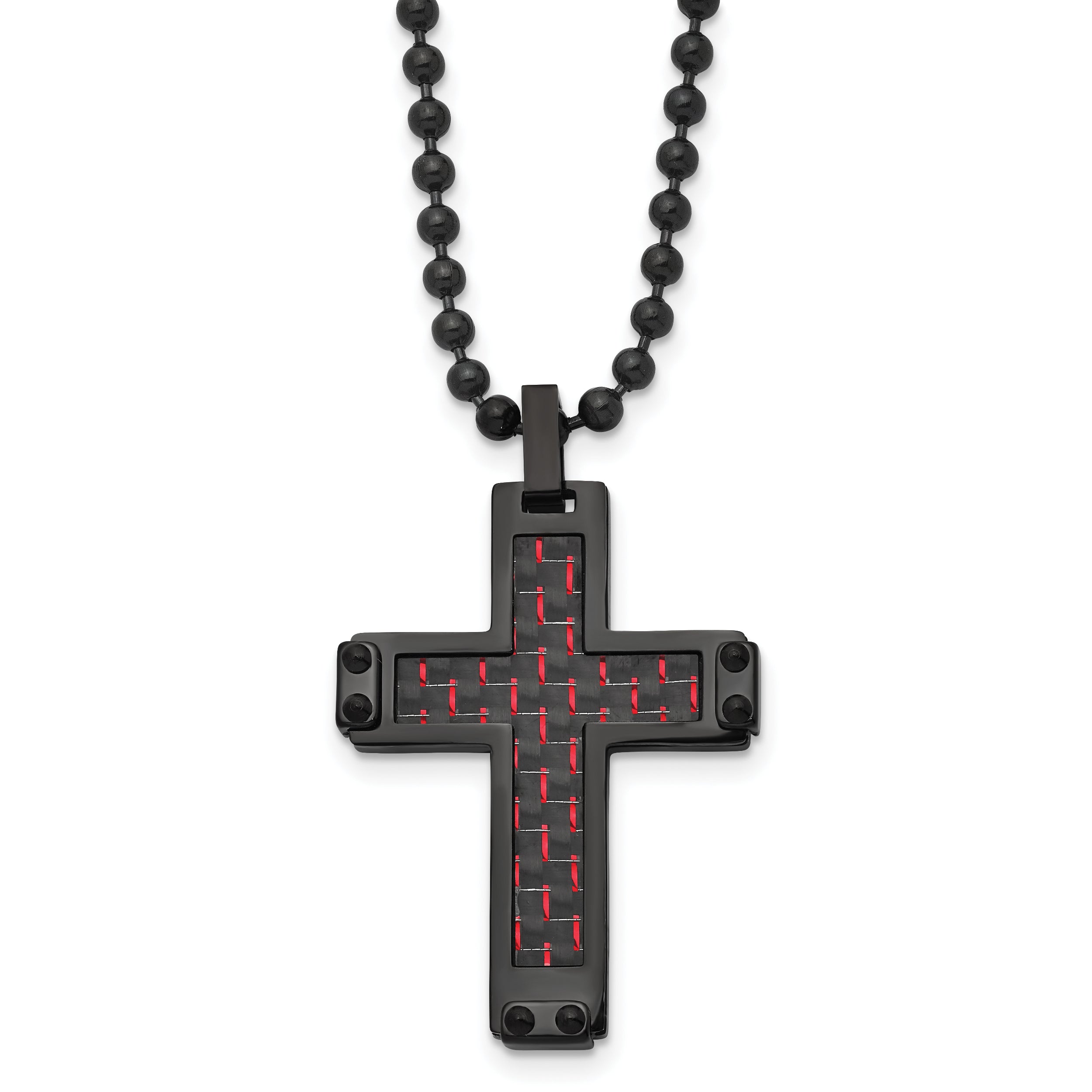 Chisel Stainless Steel Polished Black IP-plated with Black and Red Carbon Fiber Inlay Cross Pendant on a 22 inch Ball Chain Necklace