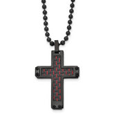 Chisel Stainless Steel Polished Black IP-plated with Black and Red Carbon Fiber Inlay Cross Pendant on a 22 inch Ball Chain Necklace