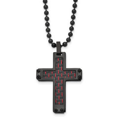 Chisel Stainless Steel Polished Black IP-plated with Black and Red Carbon Fiber Inlay Cross Pendant on a 22 inch Ball Chain Necklace