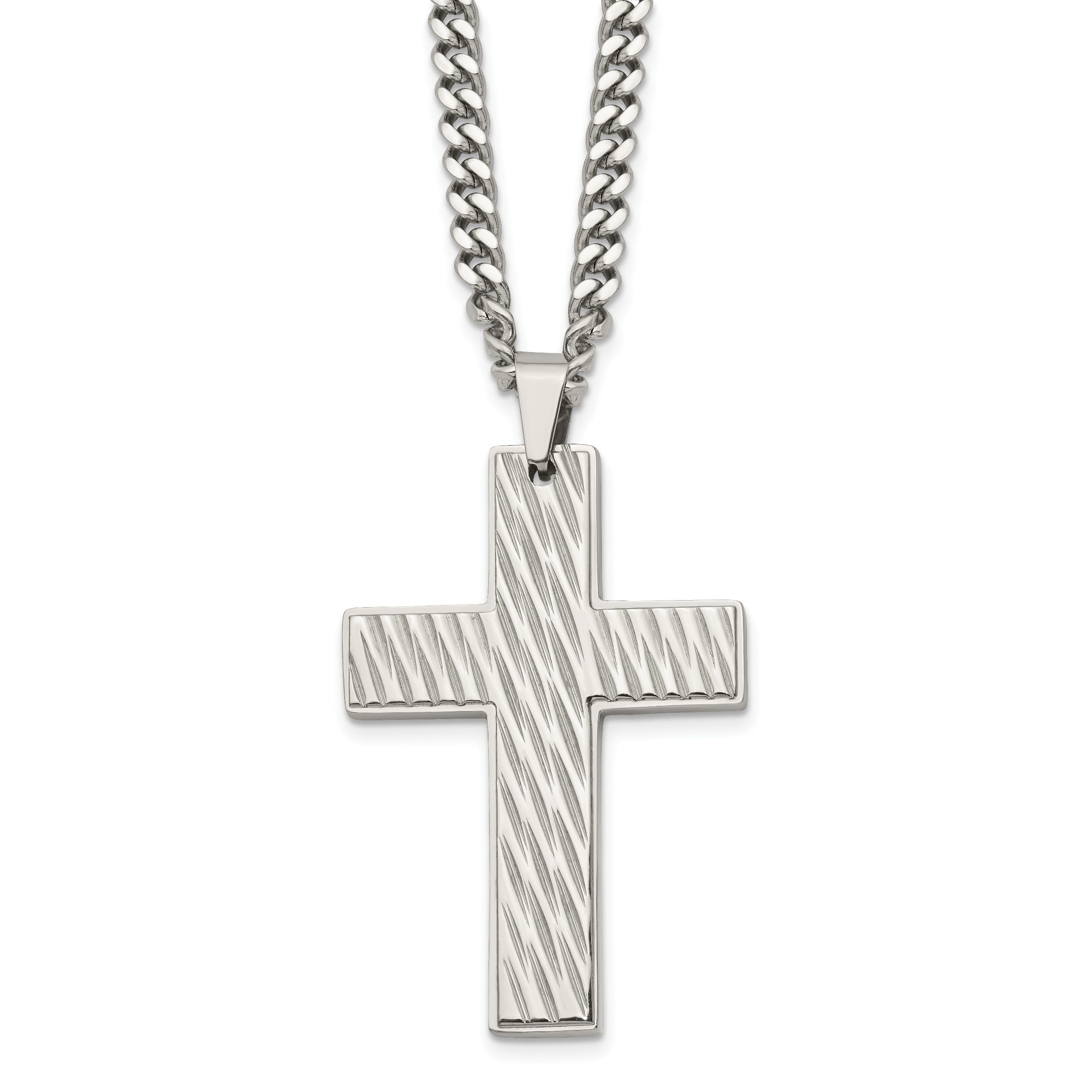 Chisel Stainless Steel Brushed Polished and Textured Cross Pendant on a 24 inch Curb Chain Necklace