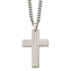 Chisel Stainless Steel Brushed Polished and Textured Cross Pendant on a 24 inch Curb Chain Necklace