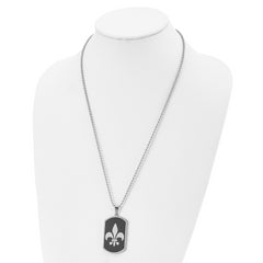 Chisel Stainless Steel Polished Black IP-plated Fleur de lis Dog Tag on a 24 inch Ball Chain Necklace
