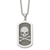 Chisel Stainless Steel Brushed and Polished Laser Cut Skull and Crossbones Dog Tag on a 24 inch Ball Chain Necklace