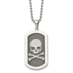 Chisel Stainless Steel Brushed and Polished Laser Cut Skull and Crossbones Dog Tag on a 24 inch Ball Chain Necklace