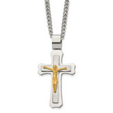 Chisel Stainless Steel Brushed and Polished Yellow IP-plated Crucifix Pendant on a 24 inch Curb Chain Necklace