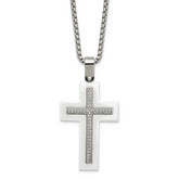 Stainless Steel Polished White Ceramic w/CZ Cross 23.75in Necklace