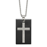 Stainless Steel Polished Black Ceramic w/CZ Cross Dog Tag 24in Necklace