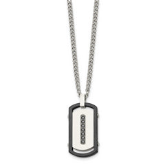 Stainless Steel Brushed/Polished Black IP Rim w/Black CZ Dog Tag Necklace