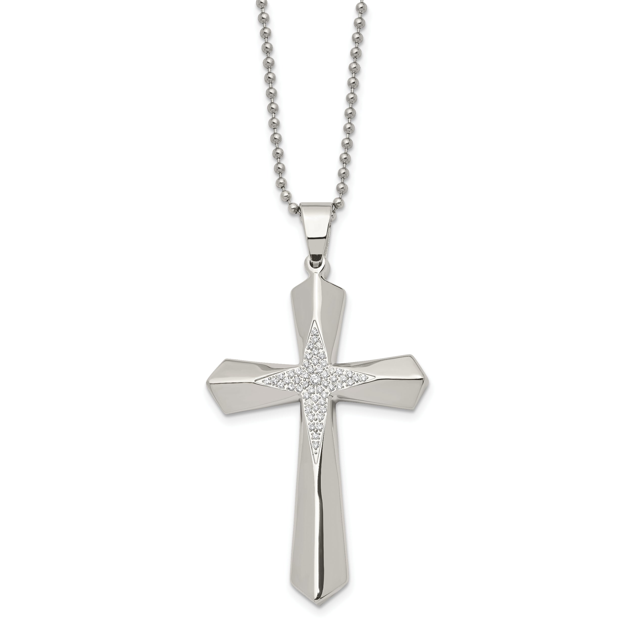 Chisel Stainless Steel Polished with CZ Cross Pendant on a 24.5 inch Ball Chain Necklace