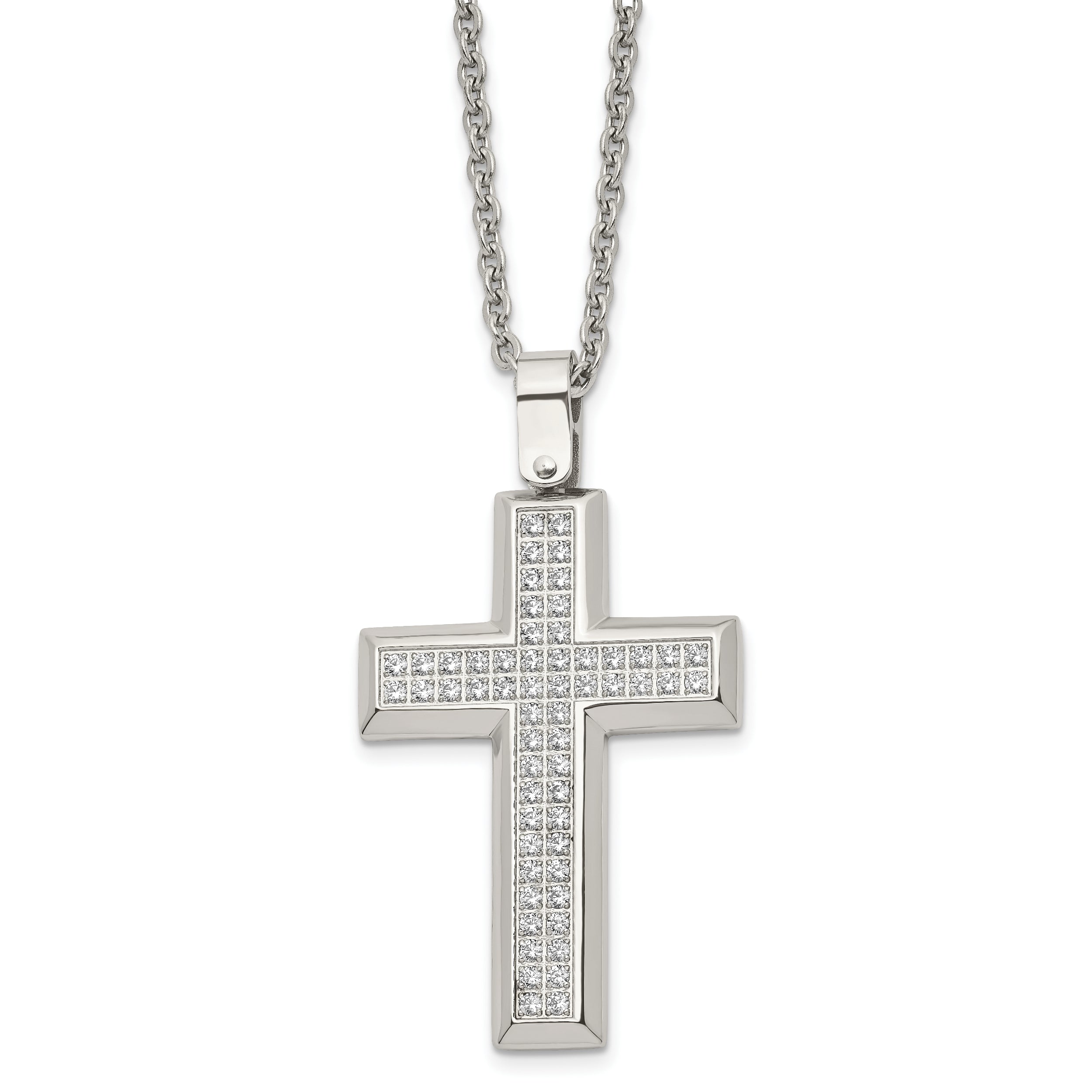 Chisel Stainless Steel Polished CZ Cross Pendant on a 24 inch Cable Chain Necklace