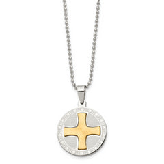 Stainless Steel Brushed/Polished Yellow IP Spanish Lords Prayer Necklace