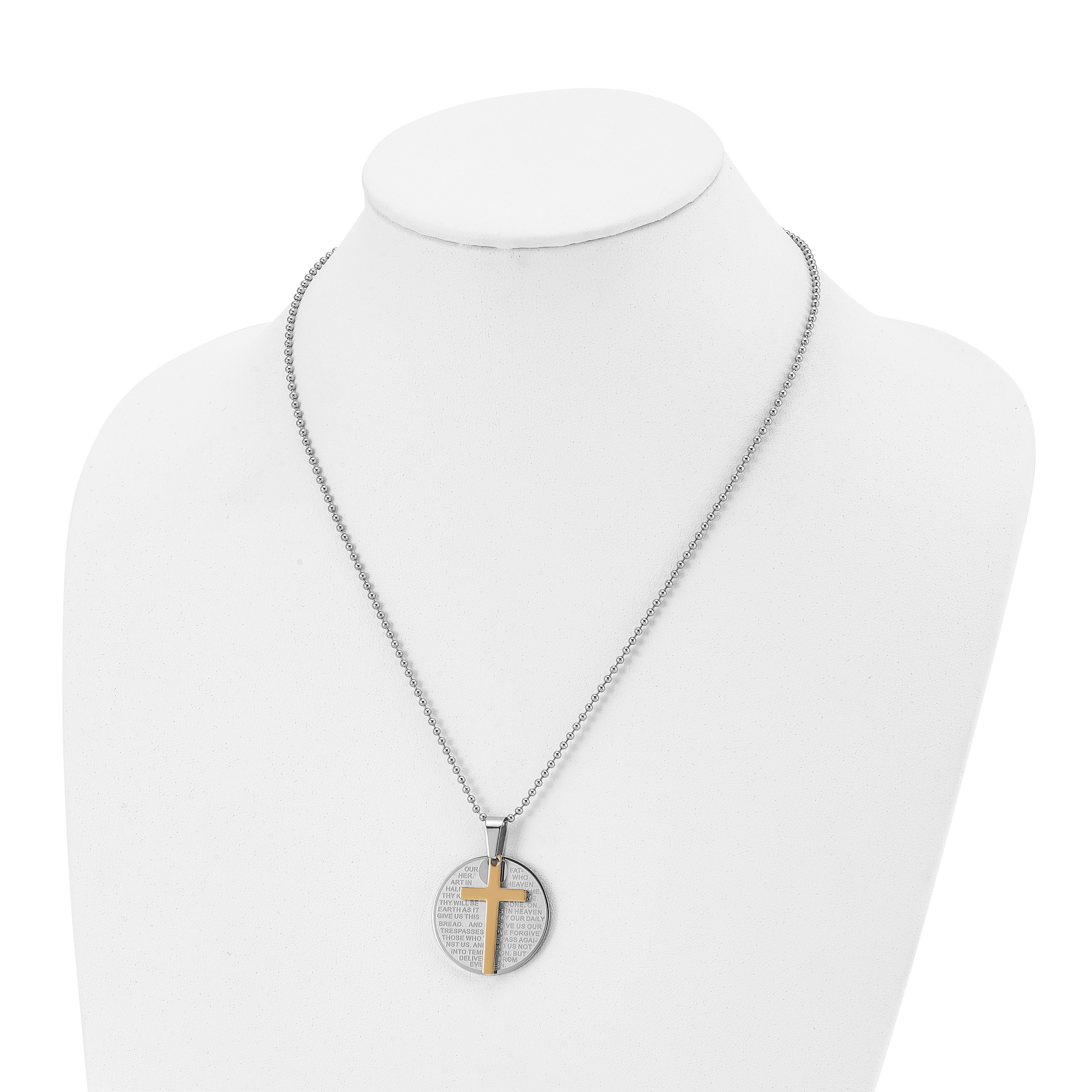 Chisel Stainless Steel Brushedand Polished Yellow IP-plated 2 Piece Lords Prayer Cross on a 20 inch Ball Chain Necklace
