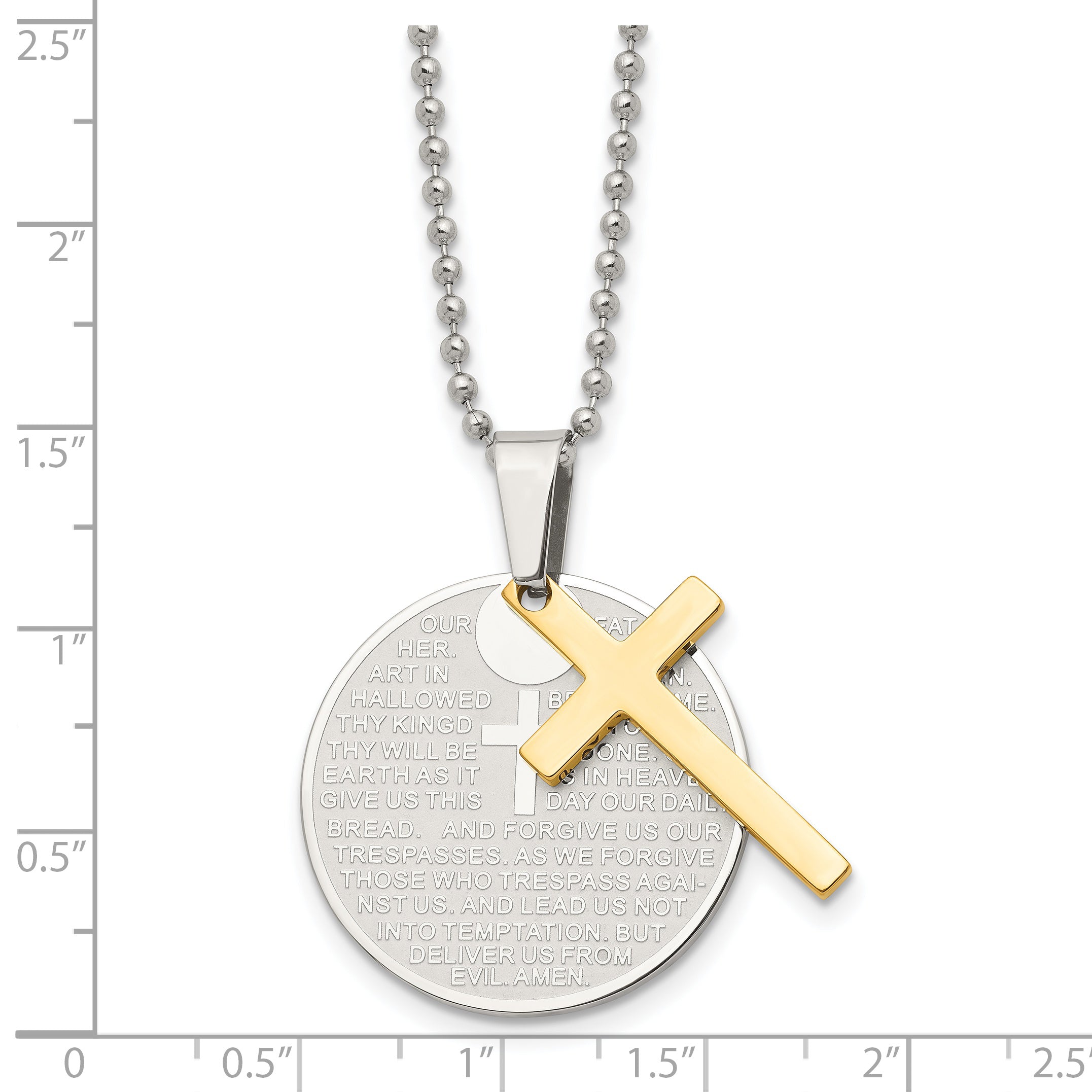 Chisel Stainless Steel Brushedand Polished Yellow IP-plated 2 Piece Lords Prayer Cross on a 20 inch Ball Chain Necklace