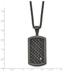 Stainless Steel Brushed Black IP w/Black Leather & CZ Dog Tag Necklace