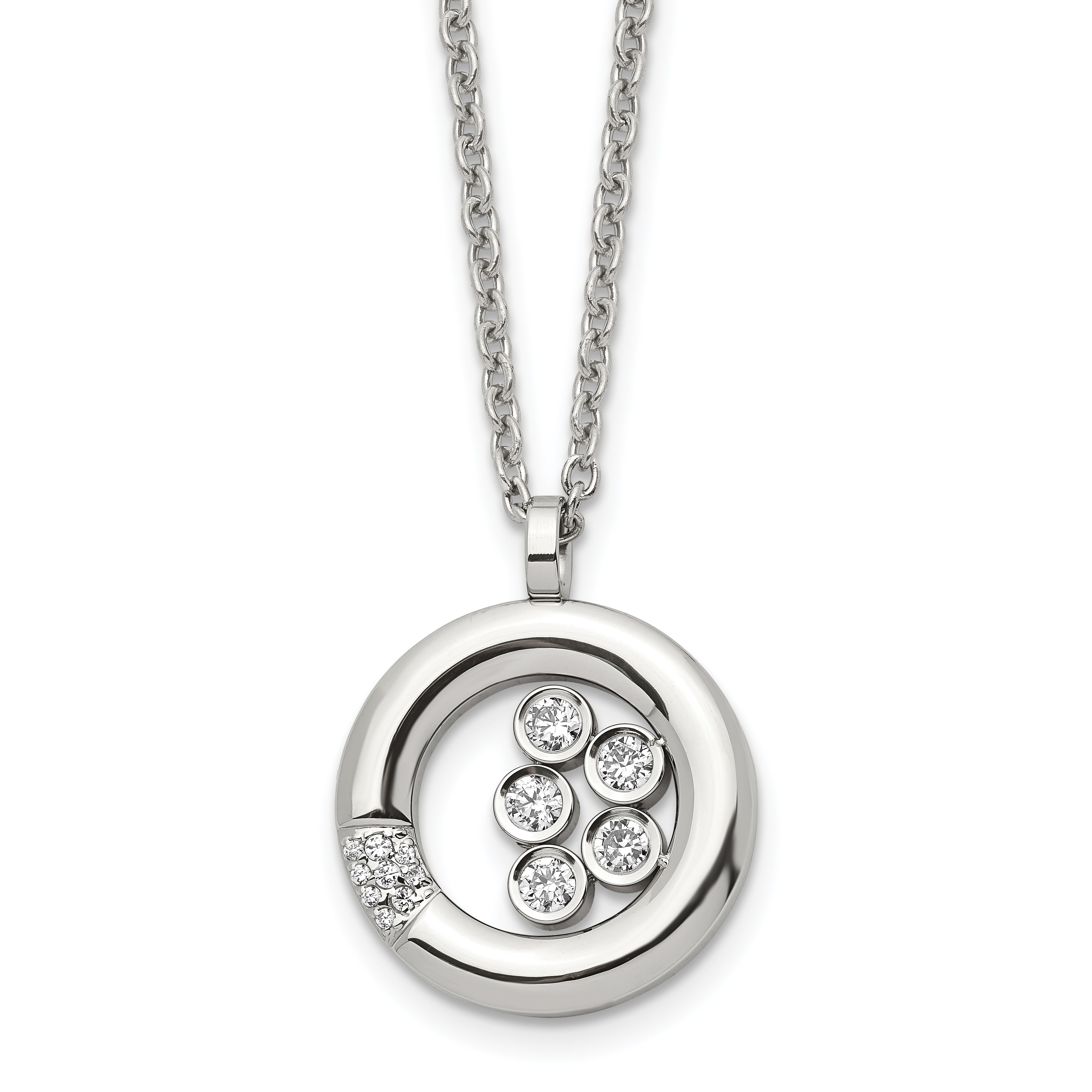 Stainless Steel Polished w/CZ Circle 21.5in Necklace